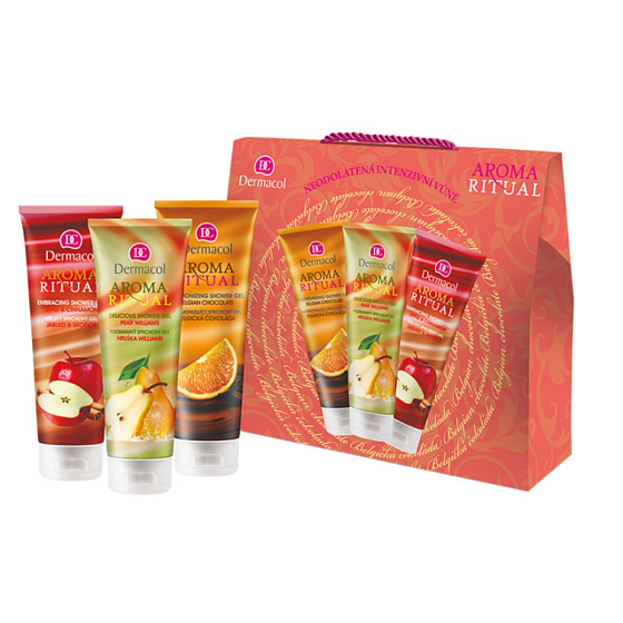 Dermacol Aroma Ritual Jablko se skořicí sprchový gel 250 ml + Hruška Williams sprchový gel 250 ml + Belgická čokoláda sprchový gel 250 ml, kosmetická sada