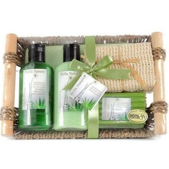 Raphael Rosalee Cosmetics Aloe a Heřmánek sprchový gel 150 ml + tělové mléko 150 ml + tuhé mýdlo 90 g + masážní ručník + ošatka, kosmetická sada