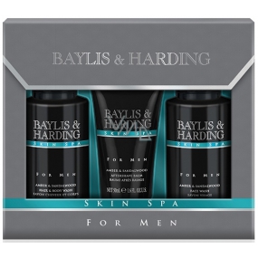 Baylis & Harding Men Jantar a Santalové dřevo mycí gel na obličej pro muže 100 ml + tekuté mýdlo na tělo a vlasy 100 ml + balzám po holení 50 ml, kosmetická sada