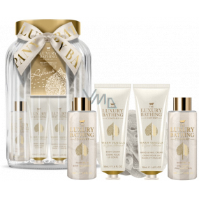 Grace Cole Warm Vanilla & Sweet Almond tělový krém 50 ml + krém na ruce a nehty 50 ml + pěna do koupele 100 ml + mycí gel 100 ml + mycí houba + skleněná nádoba, kosmetická sada pro ženy