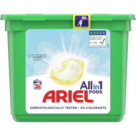 Ariel All in 1 Pods Sensitive Skin gelové kapsle na praní na dětské prádlo a pro citlivou pokožku 26 kusů 692 g