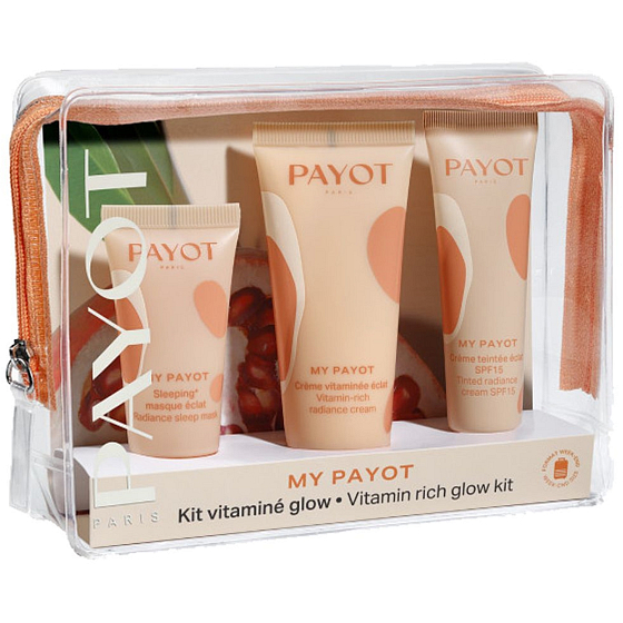 Payot My Payot Creme Glow krém pro obnovu zářivé pleti 30 ml + CC Glow sjednocující a rozjasňující krém 20 ml + Masque Sleep and Glow noční maska pro podporu jasu 15 ml + taštička, kosmetická sada pro ženy