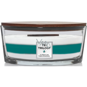 WoodWick Trilogy Icy Woodland - Ledový les vonná svíčka s dřevěným širokým knotem a víčkem sklo loď 453 g
