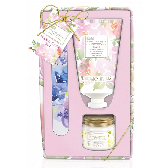 Baylis & Harding Růže a Zimolez krém na ruce nehty 50 ml + citrónové květy a bílá růže sůl do koupele na ruce 70 g + pilníček na nehty, kosmetická sada pro péči o ruce