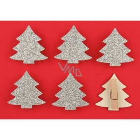 Stříbrné stromy s glitry dřevěné na kolíčku 4,5 cm, 6 kusů