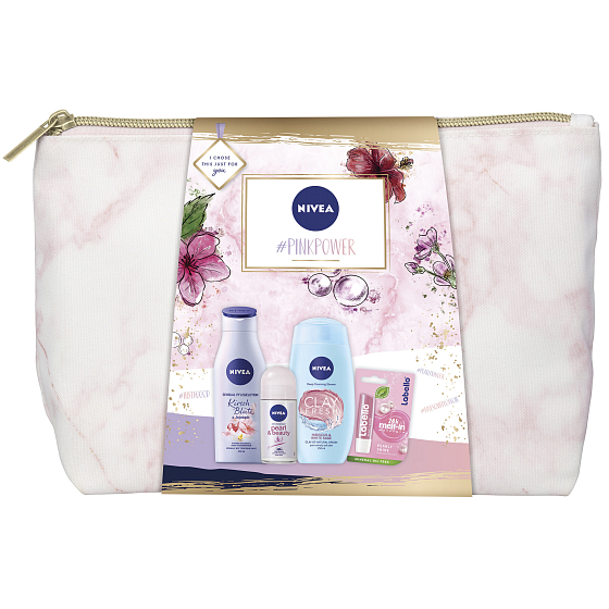 Nivea Pink Power tělové mléko 200 ml + sprchový gel 250 ml + antiperspirant deodorant roll-on 50 ml + Labello balzám na rty 4,8 g + etue, kosmetická sada pro ženy