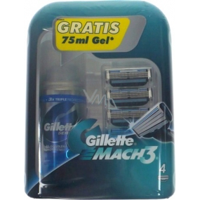 Gillette Mach3 náhradní hlavice 4 kusy + gel na holení 75 ml, kosmetická sada, pro muže