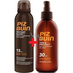 Piz Buin Instant Glow SPF15 rozjasňující sprej na opalování s okamžitým zářivým efektem 150 ml + Piz Buin Tan & Protect Tan Accelerating Oil Sprej SPF30 ochranný olej 150 ml, duopack