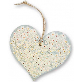 Bohemia Gifts Dřevěné dekorační srdce s potiskem Bílé květy 13,5 cm
