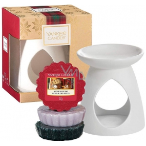 Yankee Candle After Sledding - Po sáňkovačce + Evergreen Mist - Lesní mlha + Candlelit Cabin - Chata ozářená svíčkou vosk do aromalampy 3 x 22 g + keramická aromalampa 1 kus, vánoční dárková sada