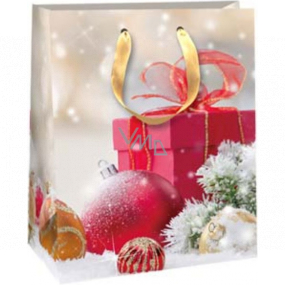 Ditipo Dárková papírová taška 18 x 10 x 22,7 cm Glitter Vánoční světlá - červený dárek a ozdoby