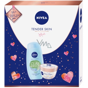 Nivea Tender Skin Zázvor & Bazalka sprchový gel s jílem pro ženy 250 ml + Cherry blossom & Jojoba Oil tělové suflé s olejem 200 ml, kosmetická sada