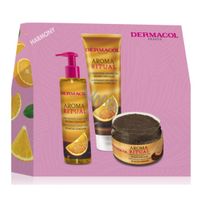 Dermacol Aroma Ritual Belgická čokoláda harmonizující tekuté mýdlo 250 ml + Belgická čokoláda harmonizující sprchový gel 250 ml + Belgická čokoláda harmonizující tělový peeling 200 g, kosmetická sada pro ženy