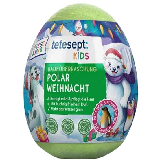 Tetesept Polar Weihnacht šumivá koule zelená - vejce do koupele s figurkou zvířátka ze severního pólu 172 g