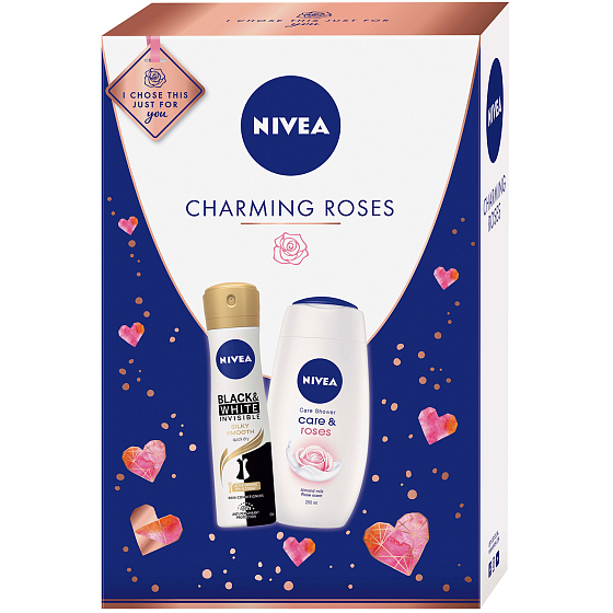 Nivea Charming Roses sprchový gel pro ženy 250 ml + Black & White Silky Smooth antiperspirant sprej pro ženy 150 ml, kosmetická sada