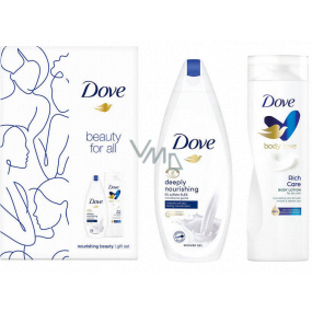 Dove Beauty For All Deeply Nourishing sprchový gel 250 ml + Rich Care tělové mléko 250 ml, kosmetická sada