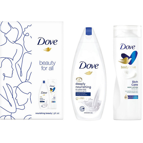 Dove Beauty For All Deeply Nourishing sprchový gel 250 ml + Rich Care tělové mléko 250 ml, kosmetická sada