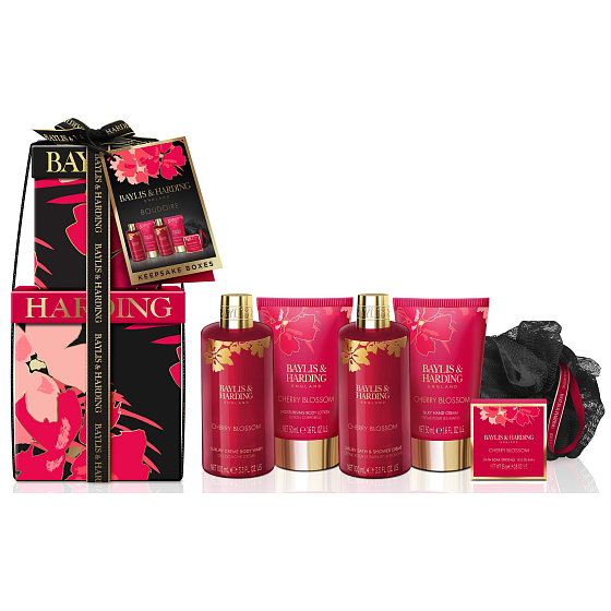 Baylis & Harding Třešňový květ sprchový gel 100 ml + sprchový krém 100 ml + tělové mléko 50 ml + krém na ruce 50 ml + krystaly do koupele 25 g + tělová houbička, kosmetická sada pro ženy