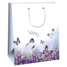 Ditipo Dárková papírová taška 26,4 x 13,6 x 32,7 cm Bílá fialoví motýlci