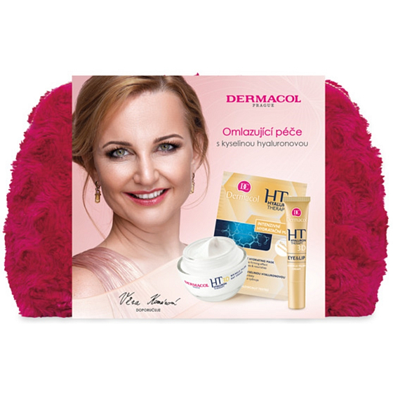Dermacol Hyaluron Therapy 3D remodelační denní krém 50 ml + remodelační krém na oči a rty 15 ml + intenzivní hydratační a remodelační maska 2 x 8 g + kosmetická taška, kosmetická sada pro ženy