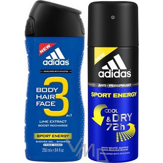 Adidas Sport Energy 3v1 sprchový gel na tělo, vlasy a tvář pro muže 250 ml + antiperspirant deodorant sprej 150 ml, kosmetická sada
