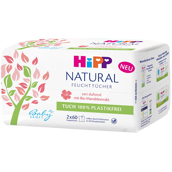 HiPP Babysanft Natural Sensitive čisticí vlhčené ubrousky pro děti bez mikroplastů 2 x 60 kusů