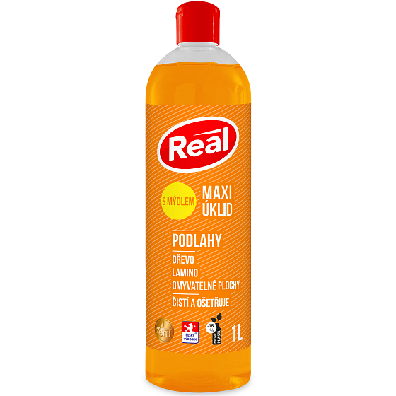 Real Maxi úklid Podlahy univerzální antistatický čisticí prostředek s mýdlem na dřevo, lamino, omyvatelné plochy 1 l