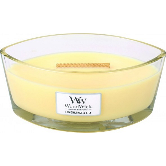 WoodWick Lemongrass & Lily - Citrónová tráva a lilie vonná svíčka s dřevěným širokým knotem a víčkem loď 453 g
