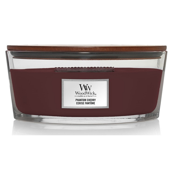 WoodWick Phantom Cherry - Přízračná třešeň vonná svíčka s dřevěným širokým knotem a víčkem sklo loď 453 g
