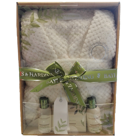 Baylis & Harding Ovesné vločky, Mléko, Med tekuté tělové mýdlo 100 ml + tělové mléko 100 ml + krystalky pro koupel nohou 75 g + bílý bavlněný župan, kosmetická sada