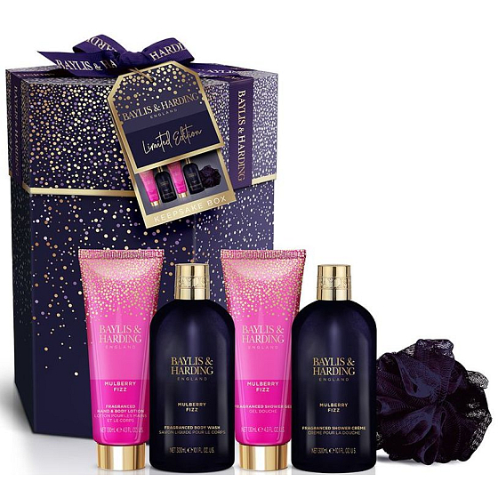 Baylis & Harding Moruše sprchový krém 300 ml + mycí gel 300 ml + mléko na tělo a ruce 130 ml + sprchový gel 130 ml + mycí houba, kosmetická sada pro ženy