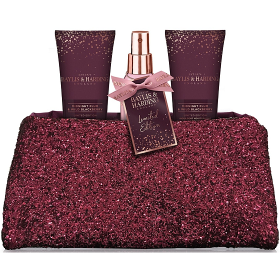 Baylis & Harding Půlnoční švestka a Divoká ostružina tělový sprej 100 ml + sprchový gel 100 ml + mléko na ruce a tělo 100 ml + kabelka, kosmetická sada