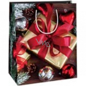Ditipo Dárková papírová taška 26,4 x 13,6 x 32,7 cm Vánoční zlatý dárek s červenou mašlí