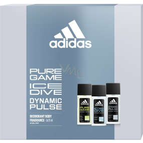 Adidas Pure Game parfémovaný deodorant sklo 75 ml + Ice Dive parfémovaný deodorant sklo 75 ml + Dynamic Pulse parfémovaný deodorant sklo 75 ml, kosmetická sada pro muže