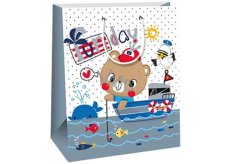 Ditipo Dárková papírová taška 26,4 x 13,6 x 32,7 cm pro děti - medvídek v loďce