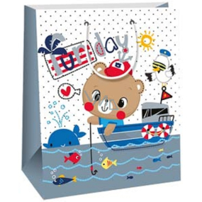 Ditipo Dárková papírová taška 26,4 x 13,6 x 32,7 cm pro děti - medvídek v loďce