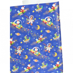 Zoewie Dárkový balicí papír 70 x 200 cm Bambini tmavě modrý - Santa na raketě, sob, měsíc