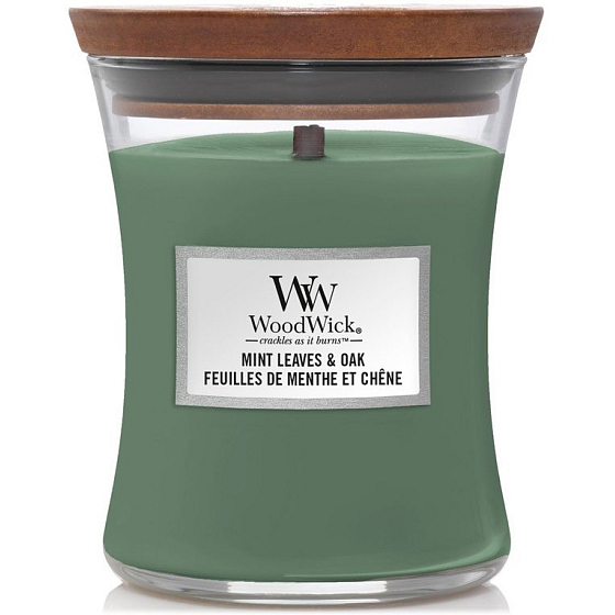 WoodWick Mint Leaves & Oak - Mátové lístky a dub vonná svíčka s dřevěným knotem a víčkem sklo střední 275 g