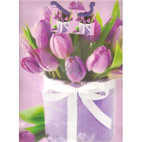 Nekupto Dárková papírová taška 32,5 x 26 x 13 cm Fialové tulipány 1372 30 KFL