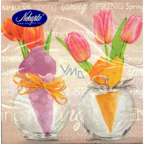 Nekupto Papírové ubrousky 3 vrstvé 33 x 33 cm 20 kusů Velikonoční Tulipány ve vázičce, nápis Spring