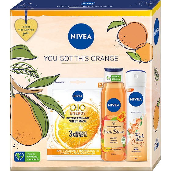 Nivea You Got This Orange Q10 Energy textilní pleťová maska 1 kus + Fresh Blends Apricot sprchový gel 300 ml + Fresh Blends Orange antiperspirant deodorant sprej 150 ml, kosmetická sada pro ženy