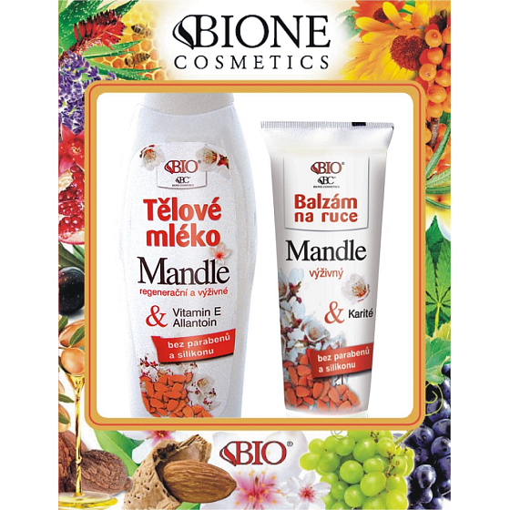 Bione Cosmetics Mandle regenerační a výživné tělové mléko 500 ml + výživný balzám na ruce 200 ml, kosmetická sada