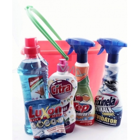 Kbelík výrobků Tatrachema, Fixinela antikalk likvidátor vodního kamene 500ml, Tep 500ml, Citra saponát 500ml, Diava Flower universální saponát 750 ml, Luxon sáček, kbelík oranžový