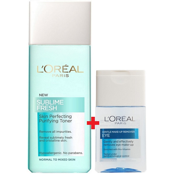 Loreal Paris Sublime Fresh svěží čisticí péče pleťová voda pro normální a smíšenou pleť 200 ml + Loreal Paris jemný odličovač očí 125 ml, kosmetická sada