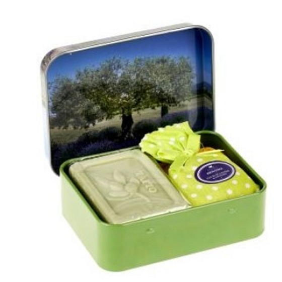 Esprit Provence Olivovník toaletní mýdlo 60 g + levandulový vonný pytlík + plechová krabička, kosmetická sada