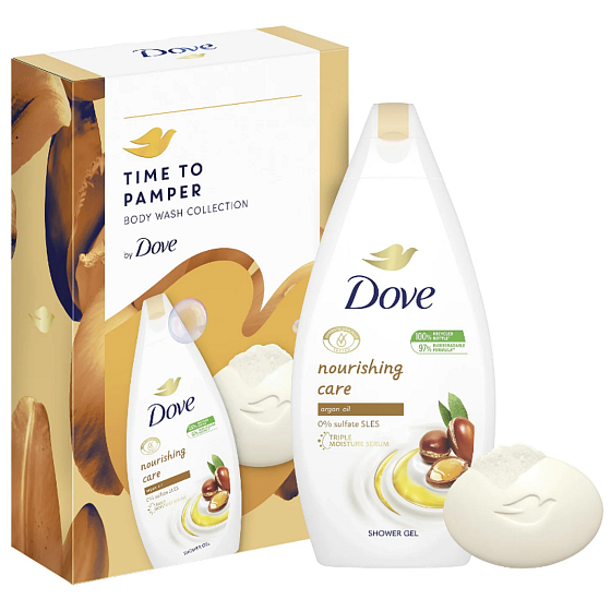 Dove Nourishing Care Argan Oil sprchový gel 250 ml + Nourishing Moroccan Argan Oil krémové toaletní mýdlo s arganovým olejem 90 g, kosmetická sada