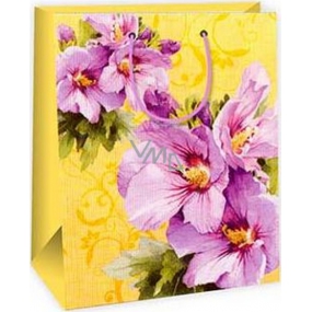 Ditipo Dárková papírová taška 26,4 x 13,7 x 32,4 cm žlutá, fialové květy AB