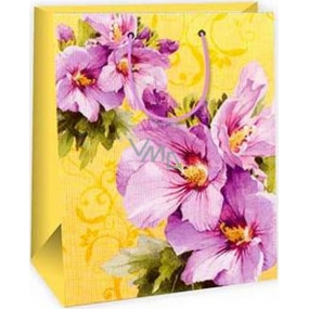 Ditipo Dárková papírová taška 26,4 x 13,7 x 32,4 cm žlutá, fialové květy