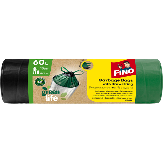 Fino Green Life recyklované PE zatahovací pytle na odpad, 63 × 72 cm, 60 l, 10 ks