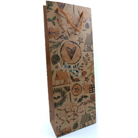 Nekupto Dárková kraftová taška na láhev 15 x 40 cm Vánoční dřevo, jmelí